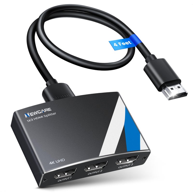 NEWCARE 4K HDMI Splitter 1 in 3 Out [with 4 FT Hdmi Cable and Power Adapter]-Not Support Extended Display, Aluminum Alloy 1Ã—3 HDMI Splitter Support 4Kx2K,1080P,3D, DTS/Doby-TrueHD for Xbox PS5/4 Roku - Image 1